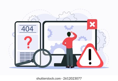 Man standing in front of large screens showing 404 error and warning icons, with gears in background, on white. Concept of website error. Vector illustration