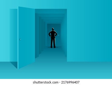 Un hombre parado frente a la última puerta cerrada, abre el conocimiento, la exploración, a la desconocida, curiosidad, ilustración vectorial