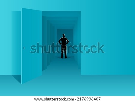 A man standing in front of the last closed door, open the knowledge, exploration, into the unknown, curiosity, vector illustration