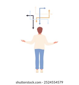 Hombre de pie delante de muchas flechas en diferentes direcciones, Ilustración vectorial de visión trasera