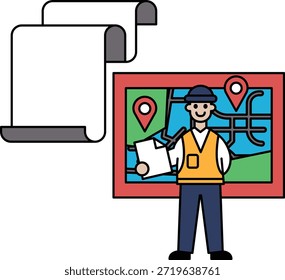 Um homem está parado em frente a um mapa com uma área de transferência. Ele está usando um chapéu duro e um colete