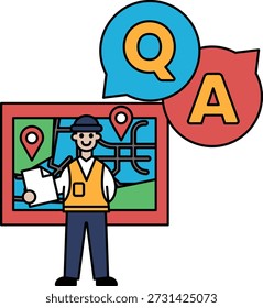 A man is standing in front of a map with a Q and A sign. The man is smiling and holding a piece of paper. Concept of curiosity and exploration, as the man is likely seeking information or directions