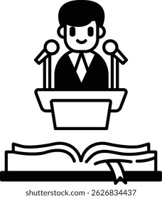 A man is standing in front of a microphone and a book