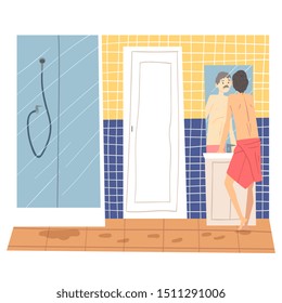 Man Standing in Front of Mirror in Bathroom, Man in Everyday Life, Morning Routine Vector Illustration
