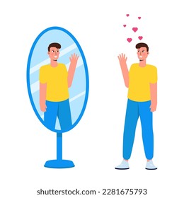 A man standing in front of a mirror, gazing at his own reflection, embodies the idea of self-love. The concept of egotism is mirrored in this vector illustration