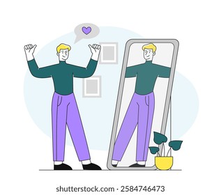 Man standing in front of mirror, giving thumbs up while admiring himself. Minimalist line art on white background. Concept of self-love