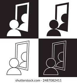 Man standing in front of a mirror icon. Vector.  isolated on black and white background. EPS 10
