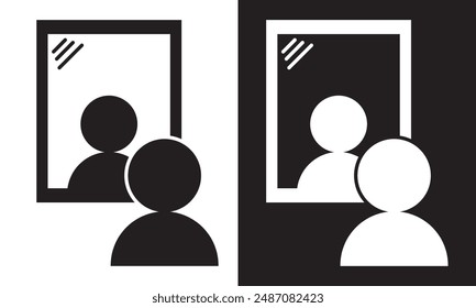 Hombre parado frente a un icono de espejo. Vector. aislado sobre fondo blanco y negro. EPS 10