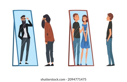 Man Standing in Front of Mirror Looking at His Reflection and Imagine Himself as Successful and Attractive Vector Set