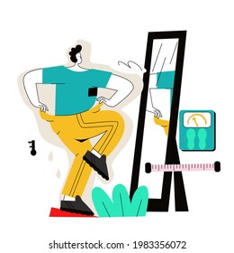 	
Man standing in front of mirror and losing weight with diet plan and healthy food,tiny people. Weight loss diet, low-carb diet, healthy meal food concept. Header or footer banner template with copy 