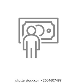 A man standing in front of a money bill line icon. Successful banking symbol. Vector illustration.