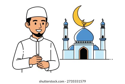 Man standing in front of mosque with crescent moon above it during ramadan