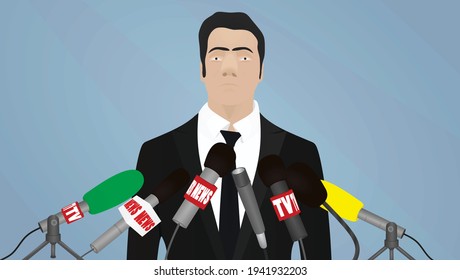 Man standing in front of newspapers microphones. vector