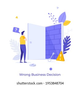 Man standing in front of open entrance door blocked by brick wall. Concept of wrong business decision, mistake, deadlock, difficulty faced by entrepreneur. Modern flat vector illustration for banner.