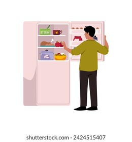 Man standing in front of opened fridge full of the food. Stress overeating, bad unhealthy habit, binge eating disorder. Late snack, mental health problem. Cartoon vector illustration. Obese gluttony