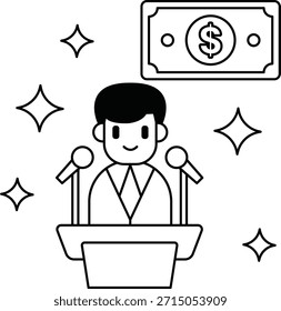 Un hombre está de pie frente a un podio con un billete de un dólar de fondo. Concepto de riqueza y éxito