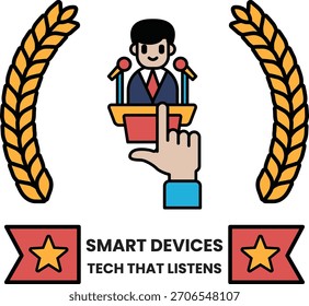 Un hombre está parado frente a un podio con un micrófono. La Imagen se titula Smart Devices Tech That Listens