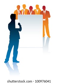 Man standing in front of a poster, and a group of businesspeople is behind the poster