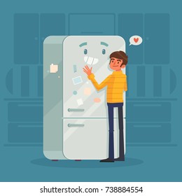 A Man Standing in Front of Refrigerator - Cartoon Flat Illustration