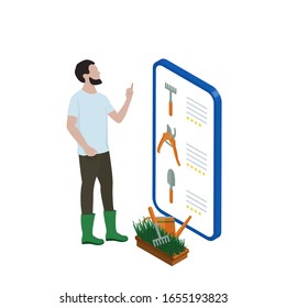 Man standing in front of smartphone and choosing tools for garden. Online shopping. Isometric illustration.