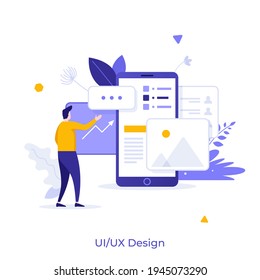 Man standing in front of smartphone with website on screen. Concept of UI or UX design, user experience, touchscreen interface for mobile devices. Modern flat vector illustration for poster, banner.