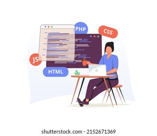 Man standing in front of smartphone with website on screen. Concept of UI or UX design, user experience, touchscreen interface for mobile devices. Modern flat vector illustration for poster, banner.