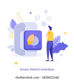 Man standing in front of smartwatch with digital indicators on screen. Concept of electronic gadget, wearable hi-tech device, accessory. Modern flat colorful vector illustration for poster, banner.
