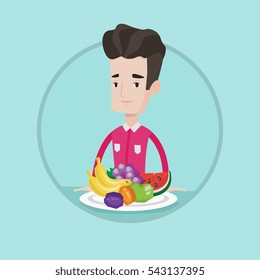 Man standing in front of table full of fresh fruits. Caucasian man with plate full of fruits. Man eating fresh healthy fruits. Vector flat design illustration in the circle isolated on background.