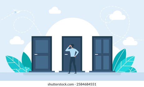 A man is standing in front of three doors and having a choice. Concept of man choosing the right door. Man standing in front of three doors, unable to make the right decision. Vector illustration