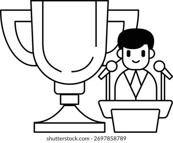 Um homem está parado na frente de um troféu e de um microfone. Ele está sorrindo e é um vencedor