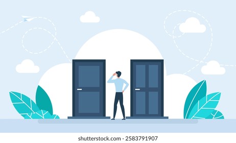 A man is standing in front of two doors and having a choice. Concept of businessman choosing the right door. Man standing in front of two doors, unable to make the right decision. Vector illustration