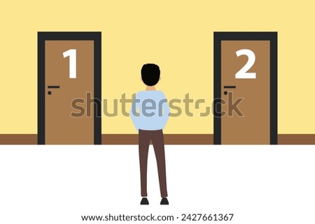 A man is standing in front of two doors and having a choice. Inscription: Make your choice. Vector design illustrations