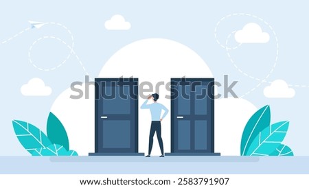 A man is standing in front of two doors and having a choice. Concept of businessman choosing the right door. Man standing in front of two doors, unable to make the right decision. Vector illustration