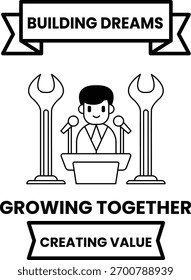 A man is standing in front of two podiums and smiling. The image is titled "Building Dreams" and is meant to convey the idea of working together to create value