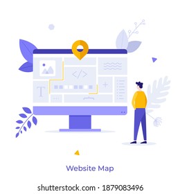 Man standing in front of website layout on computer screen. Concept of site map, webpage structure, organization of web elements, internet page navigation. Flat vector illustration for poster, banner.