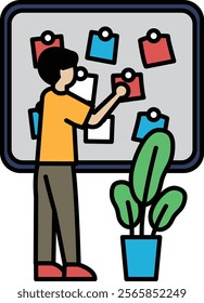 A man is standing in front of a white board with a green plant in a blue pot. He is putting up a bunch of colorful sticky notes on the board