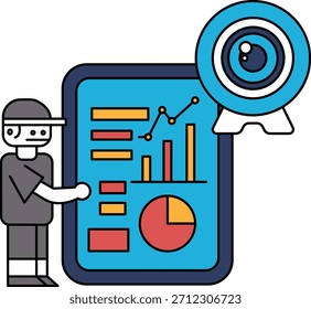A man is standing in front of a white board with a camera in the background. Concept of capturing moments and memories through photography