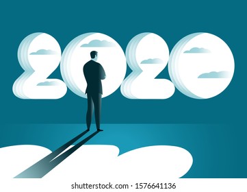 Man standing in front window in shape numbers 2020 and looks far away. Businessman thinks near the window. Business concept. Vector illustration
