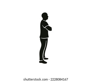 Man standing in full growth with arms crossed, logo design. Silhouette of a man, a man thinks and looks ahead, vector design and illustration