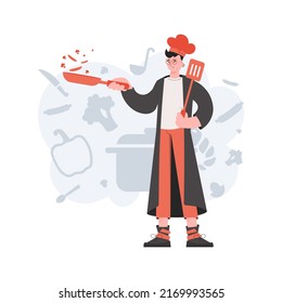 A man is standing in full growth holding a spatula in his hands. Cafe. Element for presentations, sites. Vector illustration