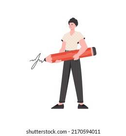 A man standing in full growth puts his signature with a pencil. Isolated. Element for presentation. Vector illustration