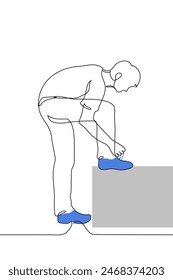 hombre de pie a toda altura ata los cordones en su zapatilla con el pie en una Asistencia - una línea de Vector de arte. concepto de atarse los cordones de los zapatos, salir de la casa, antes de correr. Vector hecho a mano no AI