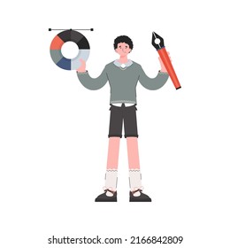 Man standing full length with color wheel and pen tool. Isolated. Element for presentations, sites. Vector illustration