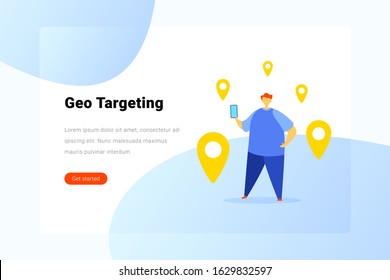 Man standing with Geo Target Points Flat vector illustration. Searching Geo Location concept. Landing Page design template.