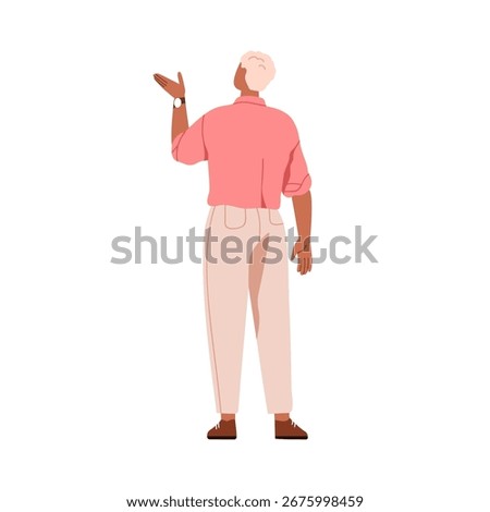 Man standing and gesturing with hand, speaking and showing, back rear view from behind. Male character with gray hair facing away, turned pose. Flat vector illustration isolated on white background