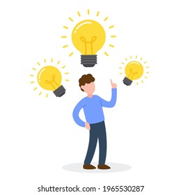 A man standing with glowing light bulbs overhead. Creative concept of idea, knowledge, solution, creativity, or inspiration. Simple trendy cute vector illustration. Modern flat style graphic icon.