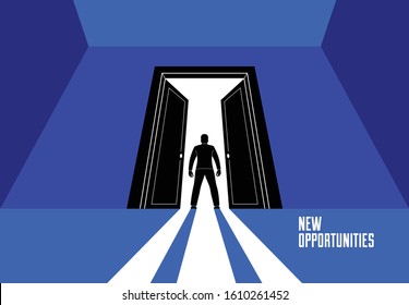 Man standing in half open big door hesitating to step in vector concept of new opportunities, step into future metaphor, debt decision to go to future.