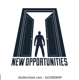 Man standing in half open big door hesitating to step in vector concept of new opportunities, step into future metaphor, debt decision to go to future.