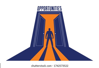 Man standing in half open big door hesitating to step in vector concept of new opportunities, step into future metaphor, debt decision to go to future.