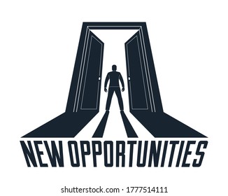 Man standing in half open big door hesitating to step in vector concept of new opportunities, step into future metaphor, debt decision to go to future.